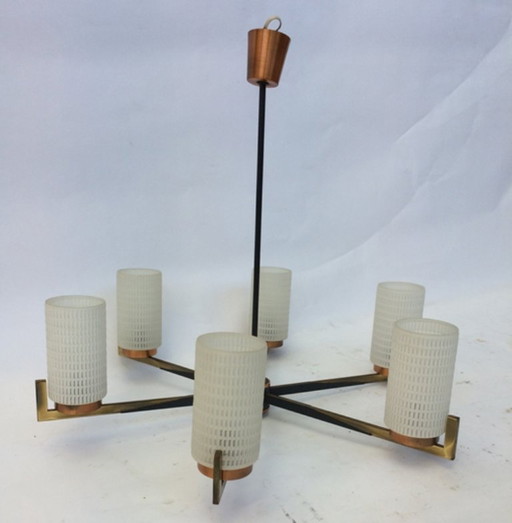 Lampadario vintage in ottone e rame anni '50, stile Murano Arredoluce.