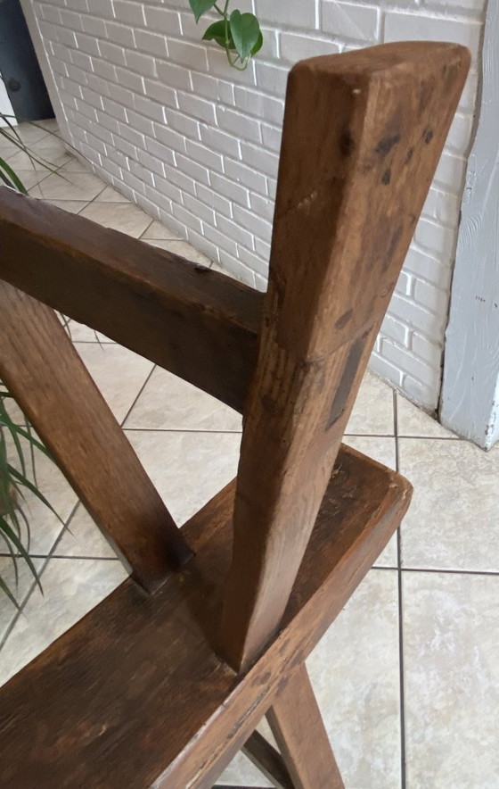 Image 1 of Twee massief eikenhouten boerenbanken van 214 cm voor een rustieke boerentafel uit de jaren 50.