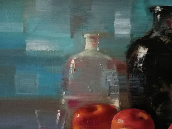 Peinture à l'Huile Originale Bouteilles en Verre Fruits Nature Morte – Peintures et dessins, Canvas (photo 6 of 7)