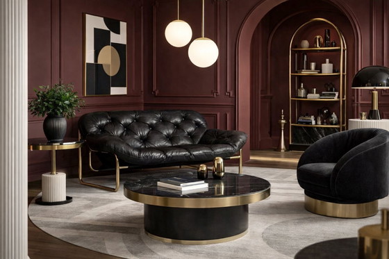 Image 1 of Vintage Mid-Century Scandinavian Modern Glamour Leather Black & Gold Sofa by John-Bertil Häggström for Swed-Form, 1970s