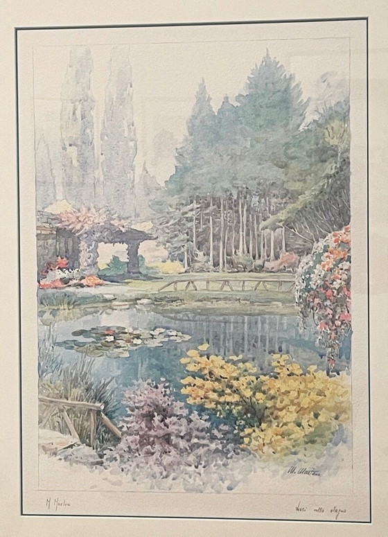 Image 1 of Peinture encadrée à l'aquarelle turquoise représentant un étang, par M. Marten