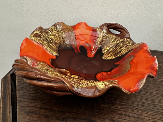 Image 1 of Coupe à fruits- Centre de table vintage céramique émaillée attribuée Vallauris 