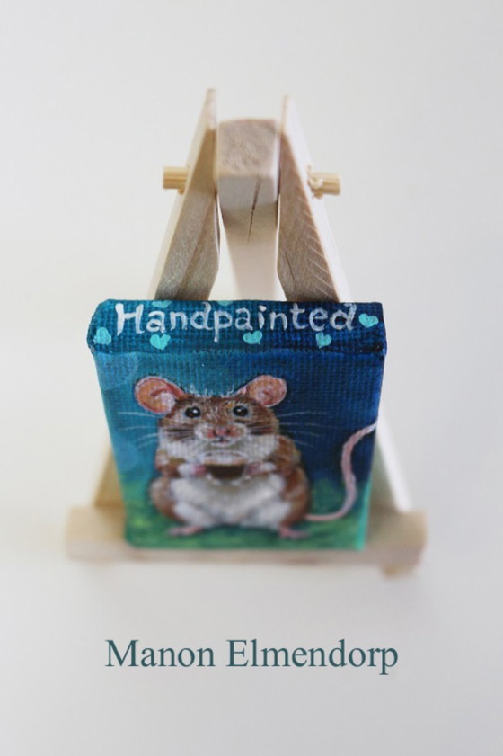 Image 1 of Hand-painted Little Mouse with Cup of Coffee 6x4 cm