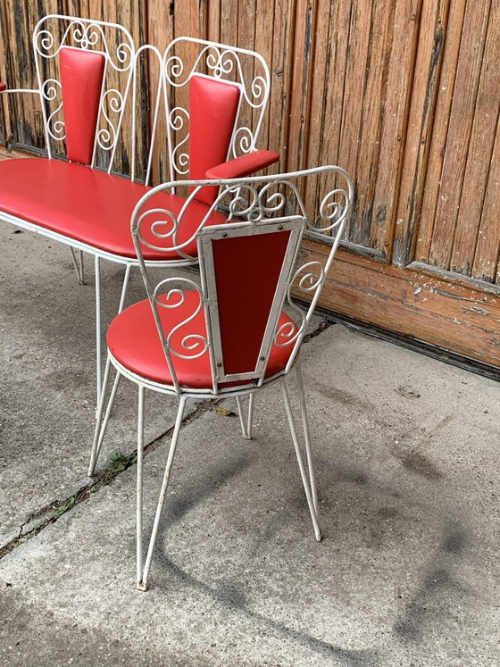 White Metal & Red Leatherette Garden Set, 1968, Set of 4, Mid Century Modern (photo 5 of 9)