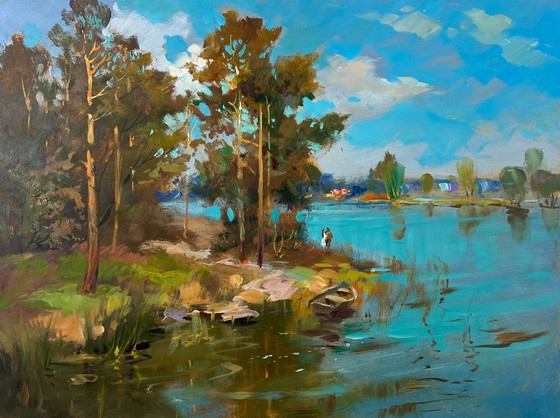 Image 1 of Peinture à l'huile originale : Paysage côtier d'été - Le soleil et la rive