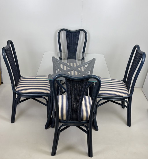 Vintage set eighties manou bamboo chairs dining table top glass