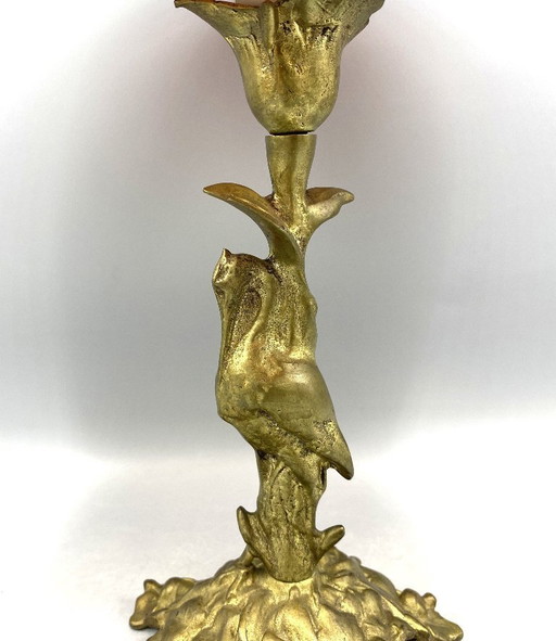 Art Nouveau style brass table lamp with red/black mushroom art de France glass