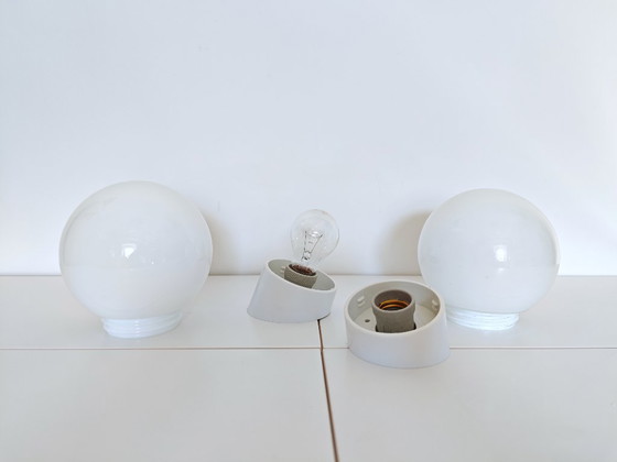 Image 1 of Vintage Wall Lamp / Set of 2 White Opal Globe Sconces/ Ceiling Light / Mid Century / Yugoslavia 1960's / Ceiling Light Cover