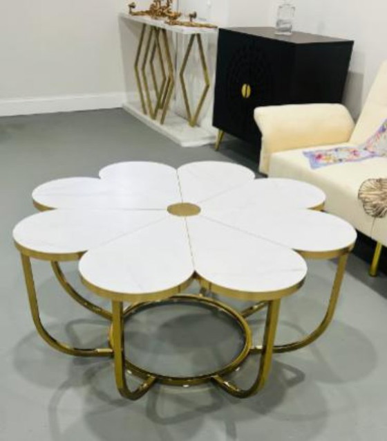 Image 1 of Modern Flower-Shaped Coffee Table, White Faux Marble & Metallic Gold: New in Box