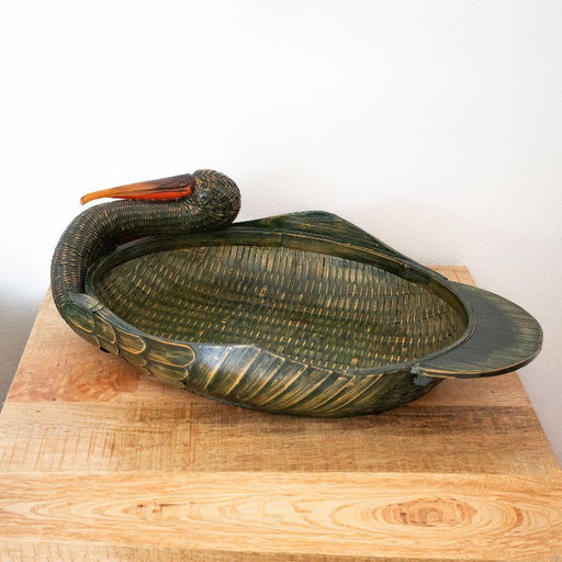 Vintage geweven mand in de vorm van een ooievaar of kraanvogel – decoratieve objecten, Rattan