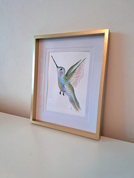 Peinture à l'aquarelle d'un colibri avec cadre et passe-partout