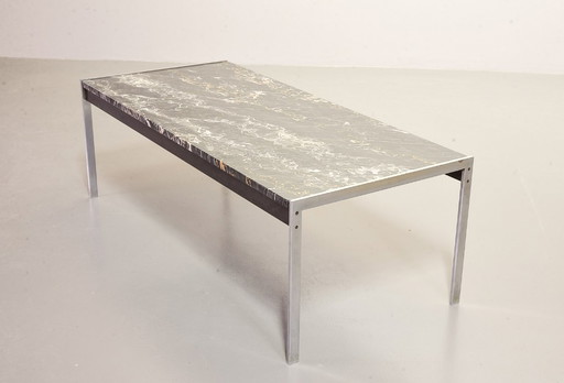 Minimalistic and Exclusive Mid-Century Kho Liangh Black Italian Marble and Brushed Steel Coffee Table by Artifort