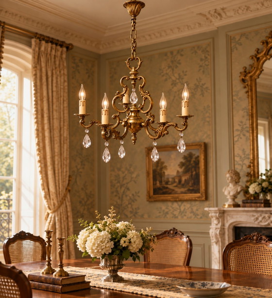 Lampadario in ottone a 5 bracci in stile Luigi XV con gocce di cristallo – Brass, Crystal (photo 5 of 5)