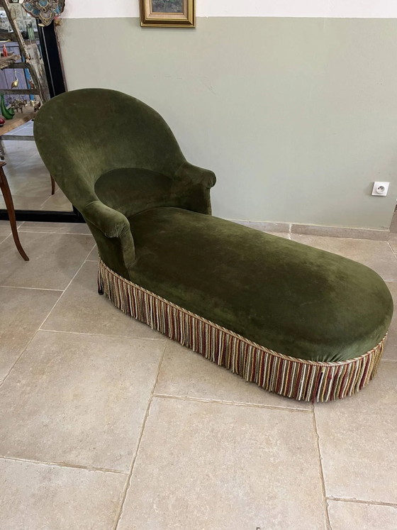 Chaise longue vintage in velluto verde scuro con frange multicolori. – Wood, Velvet, Art Nouveau (photo 18 of 18)