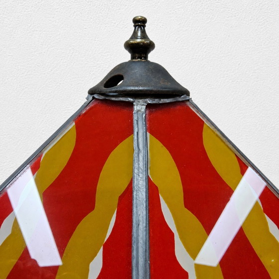 Image 1 of Amsterdam School / Art Deco floor lamp stained glass shade (geometric design) oak base