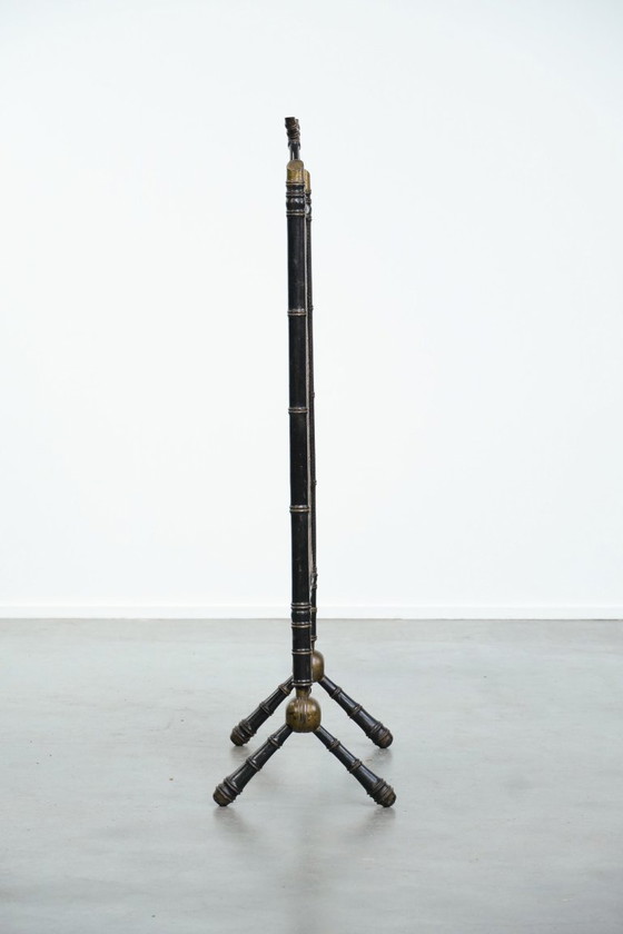 Image 1 of Antiek Frans faux bamboo haardscherm met een luxe stof