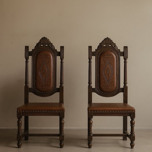 Paar antike Stühle aus geschnitztem Leder im Renaissance-Stil | Spanischer Barockstil um 1880 | Eiche und geprägtes Leder