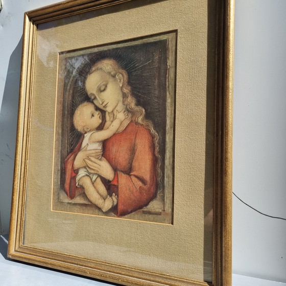 Image 1 of Deutscher Hummel/Goebel-Kunstdruck im Jugendstil: Maria mit Kindern, Kirche, Jesus, Mitte des 20. Jahrhunderts