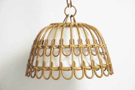Vintage Rattan Bell Pendant Lamp, Louis Sognot Style Cane Ceiling Light, French Riviera Mediterranean Decor