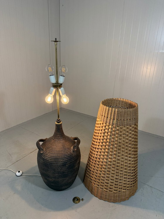 Image 1 of Large pottery floor lamp with rattan shade 1960's
