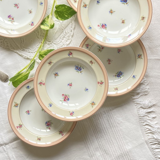 Juego de 6 platos hondos pequeños de Limoges con pequeñas flores y dorados, porcelana antigua, Charles Ahrenfeldt