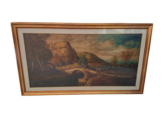 Image 1 of Oil painting "Landscape with Bridge" by G. GRIGNANI, 1983