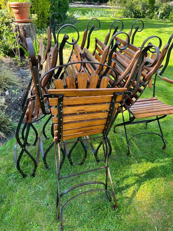 Image 1 of Set Art Nouveau tuinmeubelen in hout en smeedijzer - tafel en 6 stoelen