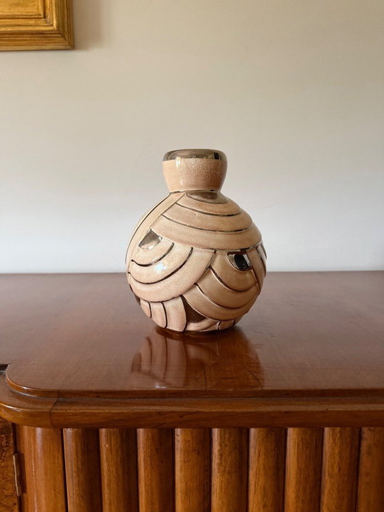 Image 1 of Art Deco pink & silver ceramic vase, Italy 1930s