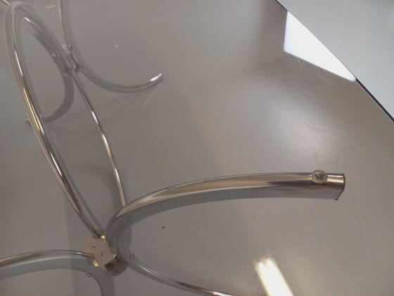 Image 1 of Table à manger rectangulaire arrondie vintage en verre fumé et métal chromé style Space Age des années 70