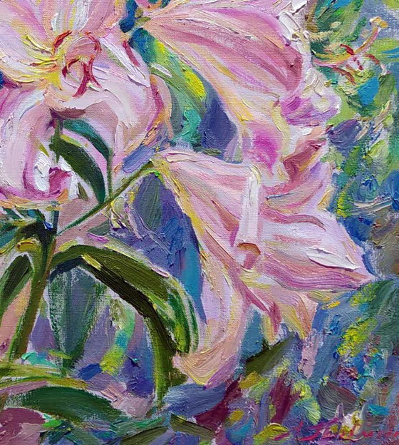Original Oil Painting Summer Nature Flower Pink Lilies, Paintings & Drawings, Canvas, Green (photo 5 of 5)