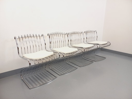 Suite of 4 Gastone Rinaldi Vintage Italian Chairs in Chrome-plated Metal and Bouclette Fabric from the 70s