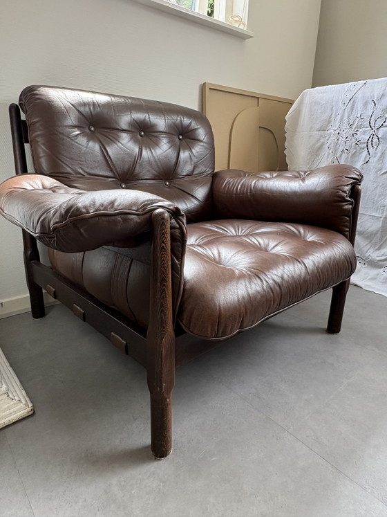 Image 1 of Vintage leather & rosewood mid-century Brazilian Brutalist style armchair