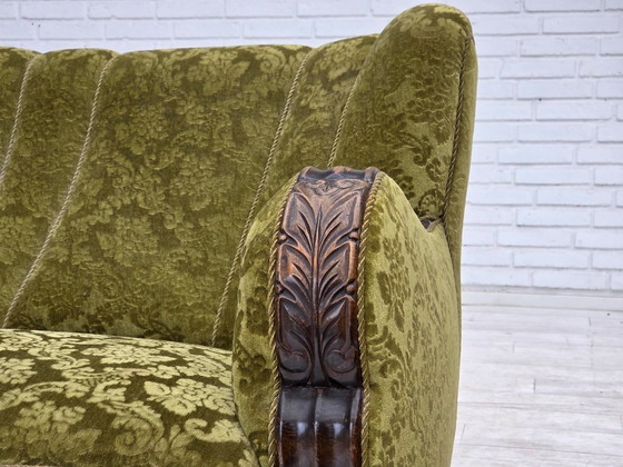 Image 1 of 1960s, Danish 3-seater sofa, furniture velour, carved oak wood.