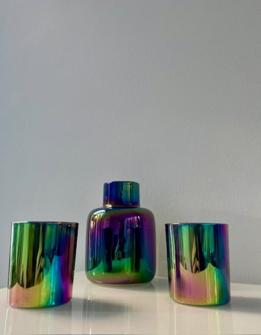 Set of multicolored vase and 2 candle holders – rainbow effect