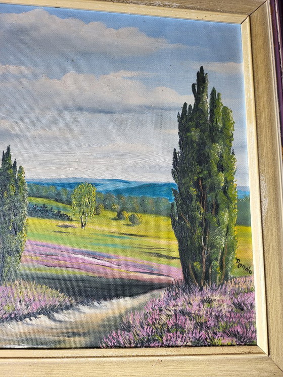 Image 1 of Olieverfschilderij van een heidelandschap uit de jaren 1930/1940.
