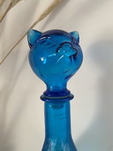 Vintage laser blue figurative cat Empoli art glass carafe/bottle, Italy