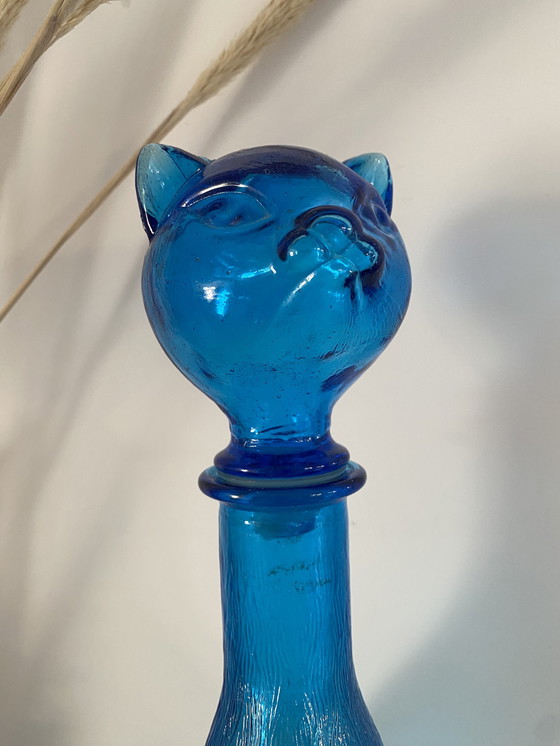 Image 1 of Vintage laserblauwe figuurlijke kat Empoli art glazen karaf/fles, Italië