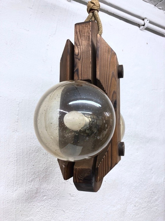 Image 1 of Pendant lamp by Temde, made of wood and glass, two-light, 70s brutalist style