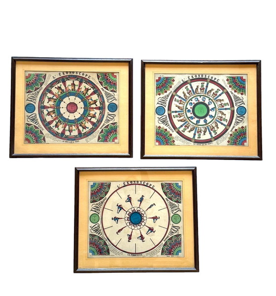 Image 1 of L'Ekonoscope, Set of 3 Framed Original Phenakistoscopes, France Epinal, XIX Cent.