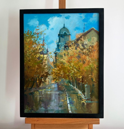 Original Oil Painting Autumn City Landscape The rustle of leaves underfoot