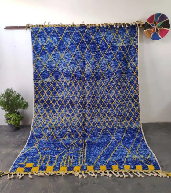 Large Blue and Yellow Moroccan Rug with Diamond Pattern 300x200cm – Rugs & carpets, Wool, Cotton, Modern (photo 2 of 3)