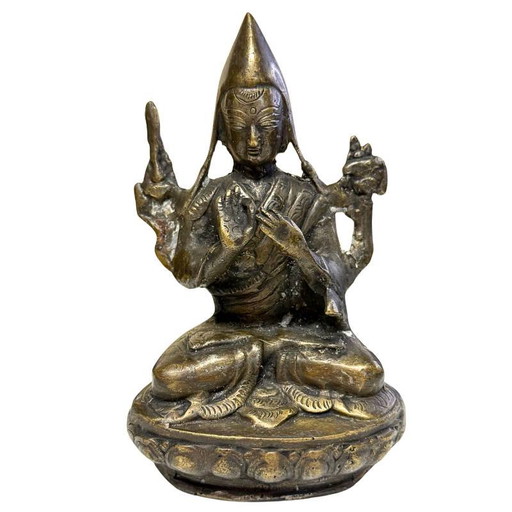Tsongkhapa de Bronce Tibetano Antiguo del Siglo XVIII/XIX – Fundición Magistral de Pared Delgada – 15.5 cm / 612g