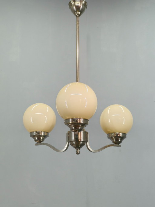 Lampadario Art Déco in nichel e vetro degli anni '30, Cecoslovacchia