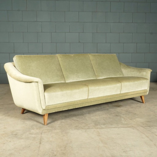 Canapé trois places vintage – Velours vert menthe pastel – Années 1960 – 3 5 zitsbanken, Textile