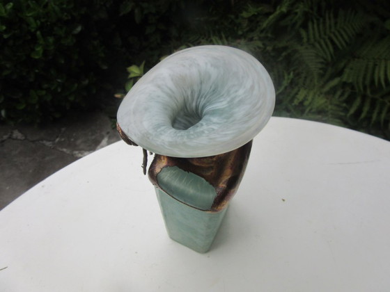 Image 1 of Raku-Vase (Knospenvase), signiert, Studiokeramik, Kunstglas/Metallic