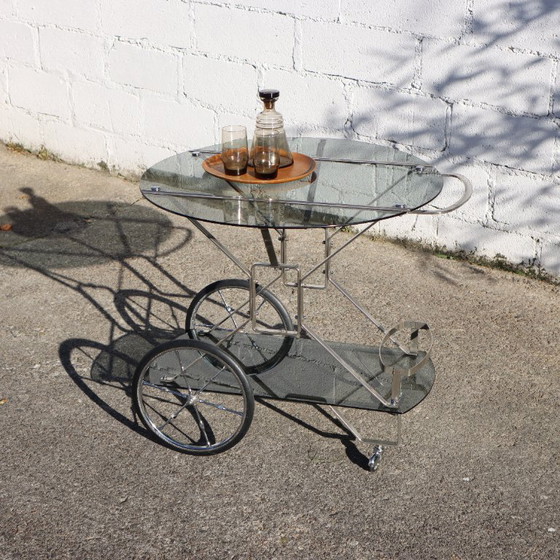 Image 1 of French Mid-Century Smoked Glass and Chrome Bar Trolley-Drop Leaf Bar Cart-Vintage Two Tier Dessert-Bar Trolley-60s