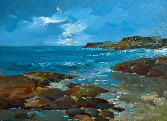 Image 1 of Peinture à l'huile originale représentant un paysage côtier marin à l'horizon.