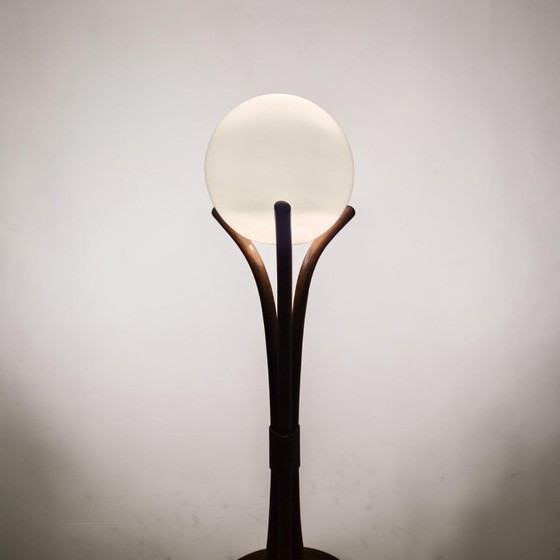 Mid-Century Bamboo Floor Light with Opal Glass Sphere, circa 1970s, Rattan, Brown, Vintage (photo 5 of 10)