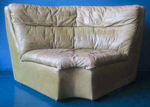 Olijfgroene Patchwork Lederen Hoek Lounge Stoel van Laauser, jaren 70