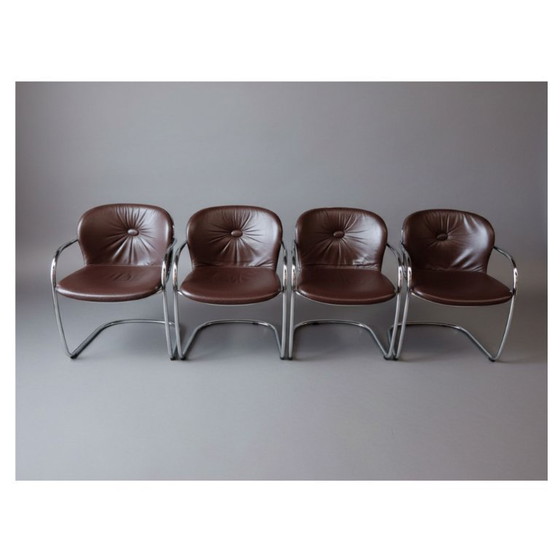 Image 1 of Eetkamerset van Gastone Rinaldi - tafel met chromen glazen blad en 4 Sabrina stoelen